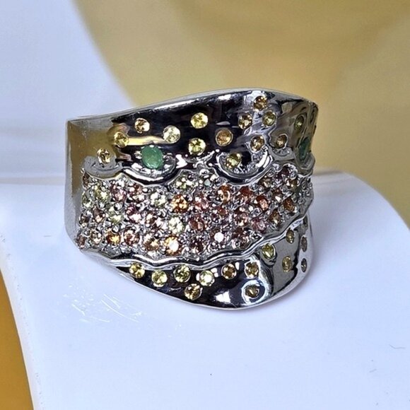 925 Sterling Silver Ring Siz 7.5 with Natural Sapphire & Emerald Gems - Picture 8 of 11